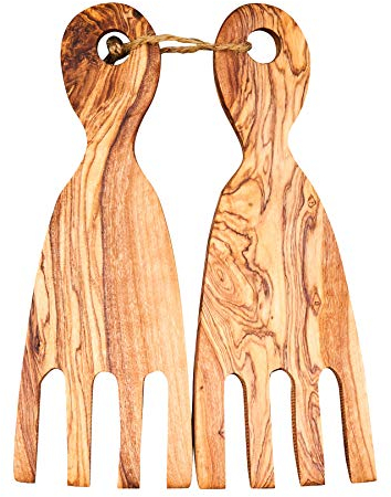 Manos de ensalada de madera de olivo, aprox. 18 x 7 cm, cubiertos para servir ensalada, utensilios de cocina, cubiertos de madera
