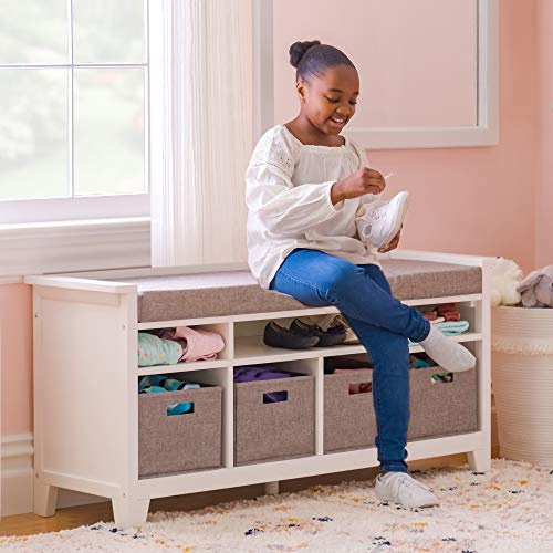 Martha Stewart Kids' Storage Bench - Linen White: Wooden Toy and Book Organizer with Shelves, Built-in Cushion and Fabric Bins for Playroom and Bedroom
