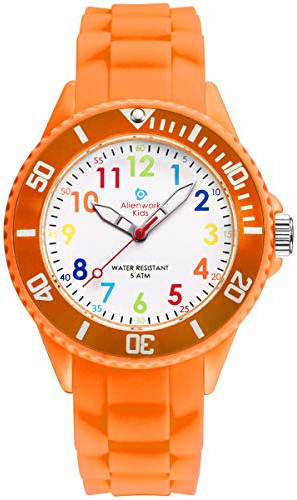 Alienwork Kids Lernuhr Kinderuhr Mädchen Uhrzeit Lernen Orange Silikon-Armband Mehrfarbig Kinder-Uhr Wasserdicht 5 ATM Zeit Lernen