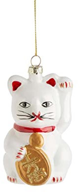 BUTLERS Weihnachtsbaumkugel Glückskatze Christbaumschmuck Glas Weiß -Hang ON- Weihnachten Baumkugeln Winkekatze Figur | Tannenbaum Deko & Weihnachtsdeko