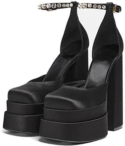 RUKOEVIM Platform Chunky Alto Tacco a Blocco Silk Satin Square Toe Hot Tacco Alto Cinturino alla Caviglia Fibbias Wedge Dress Pumps Black Size 40