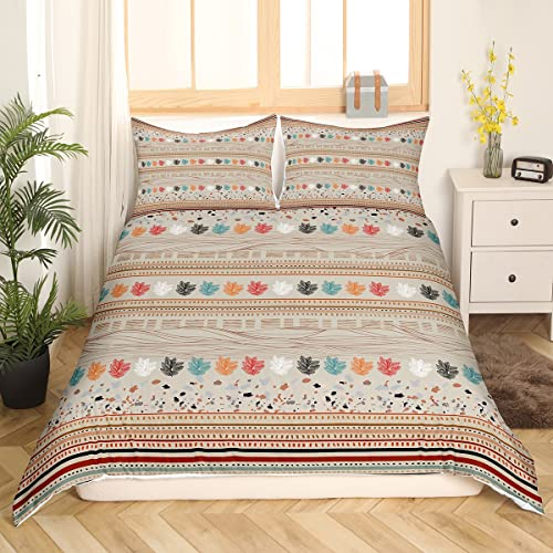BöHmische BettwäSche 135 x 200 Kinder Teenager Erwachsene Ethno Stil Ahornblatt BettwäSche Set Exotisches Boho Bunte BläTter TröSterbezug Stamm Ethnischer Gestreifter Bettbezug 1 Kissenbezug Braun