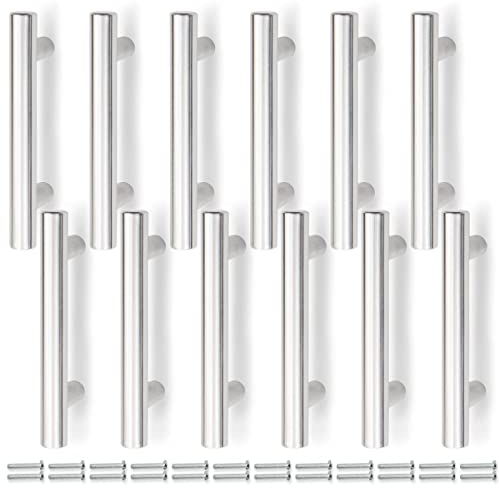 Bwintech 12 Pcs 100MM (64MM Hole Center) Satin Nickel Cabinet Pull Handles Kitchen T Bar Handles, Stainless Steel, Ideal for Cabinet, Drawer, Cupboard