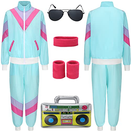 80er Jahre Kostüm Trainingsanzug Pop Art für Retro Stil Bad Geschmack Party Assi Anzug Proll Anzug Assi Jahre 80er 90er Jahre Outfit Kleidung Accessoires für Damen Herren Jogginganzug Blau G041L