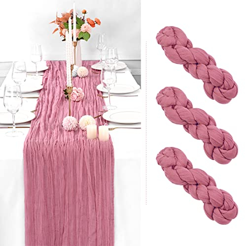 3 Stück Käsetuch Tischläufer Staubige Rosa, 90 x 300 cm Tischläufer Boho Style Rustikaler Seihtuch Gaze Stoff Tischdekoration für Vintage Hochzeit Geburtstage Babyparty Urlaub Party