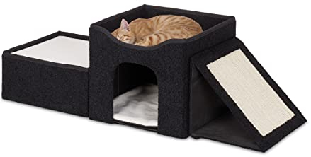 Relaxdays Katzenhöhle, faltbar, 3 Liegeplätze, Katzenhaus mit Kratzfläche, HBT: 36,5x112x41 cm, Katzenversteck, schwarz