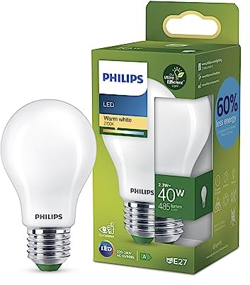 PHILIPS Ultra Efficient - Ultra Energy Saving Lights, LED Light Source, 40W, A60, E27, Warm White 2700 Kelvin, Frosted