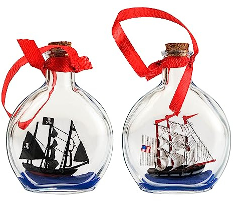SAILINGSTORY Ship in a Bottle Ship Model Nautical Ornaments Set of 2 | USS Constitution, Pirate Ship, Coastal Beach Christmas Ornaments