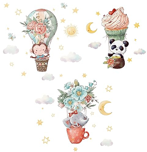 HIMKI 3 Stück Wandsticker Kinderzimmer Wandtattoo für Babyzimmer Kinderzimmer Süße Tiere Wandaufkleber Kindergarten Spielzimmer Schlafzimmer Flur Wanddeko (Panda,Affe,weiblicher Elefant)