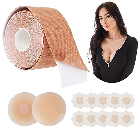 SOSHIEE Klebe BH Push Up Brust Tape,Boob Tape Bruststraffungsband 5m Mit 2 Wiederverwendbare Unsichtbar Silikon Brüste Nippelpads Breast Lift Tape für Damen Abendkleider, Hochzeitskleid