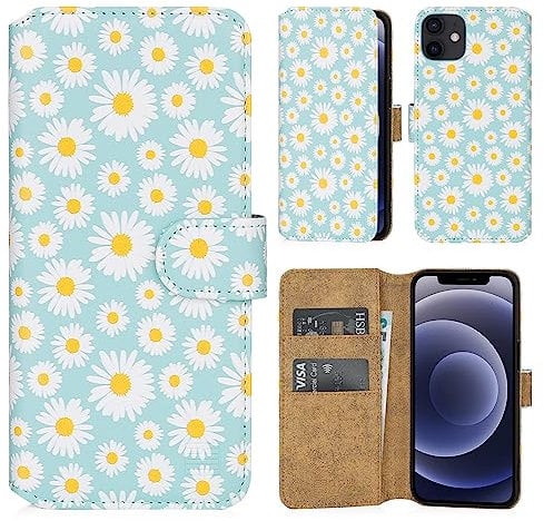 32nd Floral Series 2.0 - Design PU Leather Book Wallet Case Cover for Apple iPhone 12 (6.1) / iPhone 12 Pro (6.1), Flower Pattern Wallet Style Flip Case With Card Slots - Blue Daisy