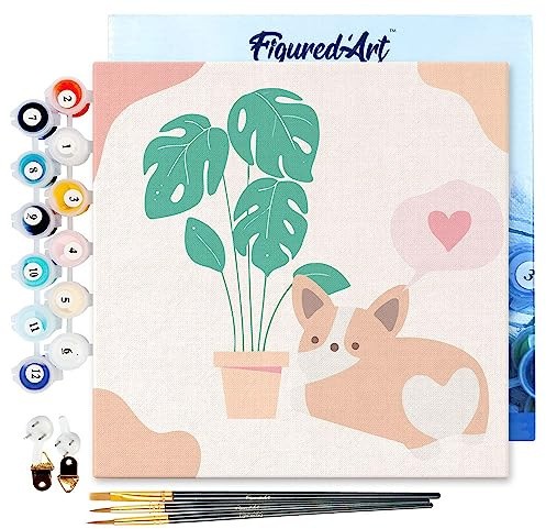 Figured'Art Mini Malen Nach Zahlen Erwachsene Mit Rahmen 20x20cm Kleines Format - Kleiner Hund - Paint by Numbers Basteln DIY Bastelset Leinwand gespannt auf Holzrahmen