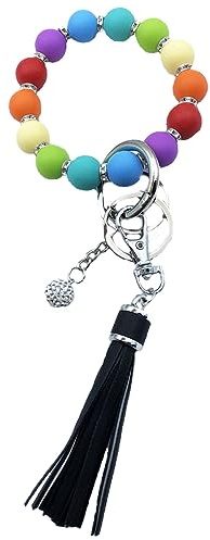Xsclpomddy Bracelet Keychain Silicone Beads Wristlet with Leather Tassel Rhinestone Bangle Key Rings Silver for Women