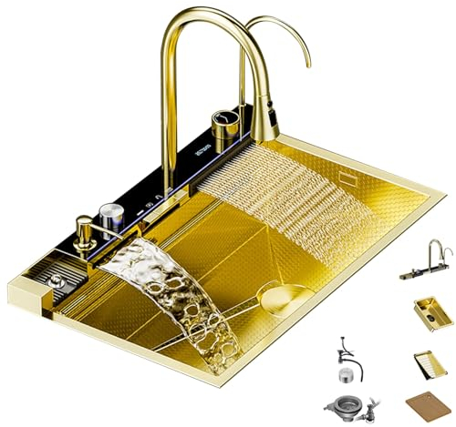 Fregadero de Cocina Dorado Inteligente de Lujo - Cascada de Acero Inoxidable Nano Multifuncional Con Control de Escritorio Para el Hogar (75 * 46 * 22cm)