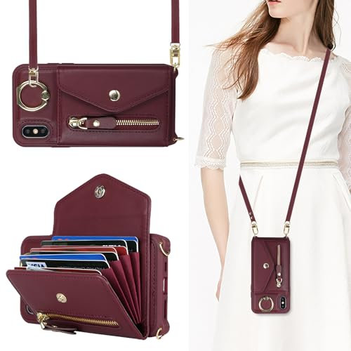 SailorTech iPhone XS Max Case with Zipper Credit Card Holder for Women, iPhone XS Max Phone Leather Case Ring Stand with Card Slots Kickstand Wallet Crossbody for iPhone XS Max-Burgundy