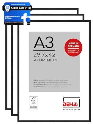 DEHA Design Bilderrahmen, 29,7 x 42 cm (A3) (3er Set), Aluminium, Schwarz matt, Posterrahmen zum Aufhängen im Hoch- & Querformat, bruchsicheres Kunstglas, Boston