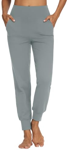 MOVE BEYOND Butterweiche Jogginghose Damen Yogahose Hoher Bund Sporthose Lang Trainingshose mit 4 Taschen, Hellgrau, XS