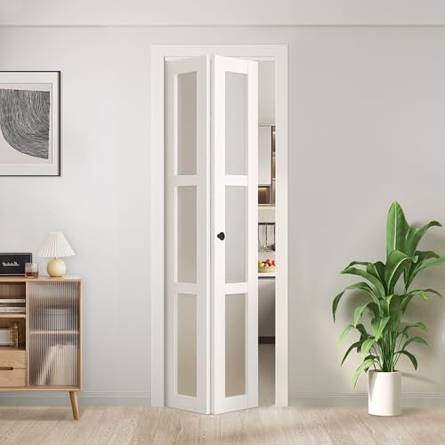 JUBEST Porta a fienile in vetro bipieghevole, porte interne a due ante con hardware incluso, porta in vetro temperato satinato a 3 liti, per camera da letto, soggiorno, ripostiglio (76,2 x 203,2 cm)
