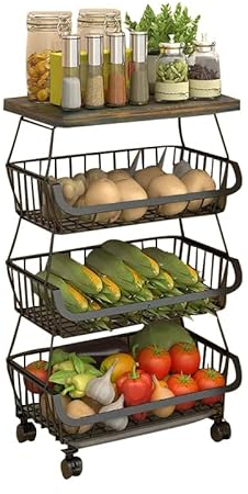 Baotkere Metal Wire Baskets with Wheels, Kitchen Organizer, 4 Tier Shelf, Stackable Storage Bins, Fruit and Vegetable Cart, Bathroom Tableware Rack
