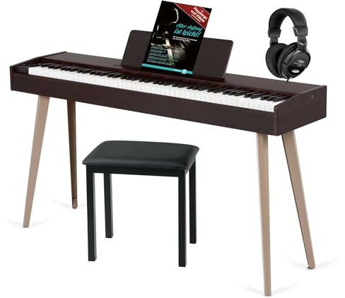 McGrey DP-17 WD Design Piano Set - 88 gewichtete Tasten mit Hammermechanik und Anschlagdynamik - 128 Klänge - 600 Begleitrhythmen - inkl. Bank, Kopfhörer und Klavierschule - dunkle Walnuss