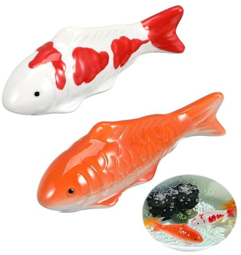 Xusxes 2 Stück Schwimmende Keramikfische Aquarium Deko Fisch Dekoration Modell Aquarium Fische Schwimmende Keramikfische Orange, Rot und Weiß