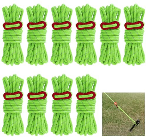 Reflective Tent Guy Ropes, 10 PCS Green Tent Guide Rope Cord, 4M Long Camping Guy Lines 4mm Light-Weight Ropes Cord Tent Guide Lines for Camping