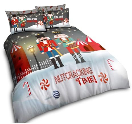 VELVETIO Christmas Duvet Cover Set with Pillowcases, Ultra Soft Polycotton Nutcracker Bedding Bedset Double, Printed Reversible Xmas Comforter Coverlet, Multi
