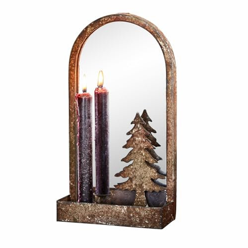 Loberon Wandkerzenhalter Telford, mit Spiegel, Rustikales Rost-Finish, Ablage für Deko, Platz für eine Stabkerze, Vintage-Charme, Weihnachtsdeko, Eisen, Spiegelglas, antikbraun