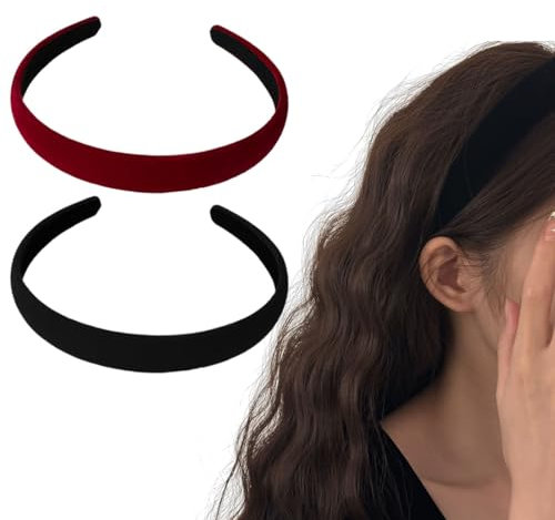 2 Stück Samt Haarreifen Damen, Solides, Einfaches Haarreif für Mädchen, Mode Haarschmuck für Damen Mädchen, Gepolstertes Stirnband aus Samtstoff, Retro Style Haarband (Schwarz/Burgunderrot)