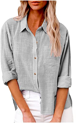 AEGJEGVD Chemise Lin Femme Manches Longues Chemisier Coton et Lin pour Femmes Col en V Bouton Tops Couleur Unie Respirant T-Shirts Chemisiers et Blouses Grande Taille Pas Casual Tunique Blouse Soldes