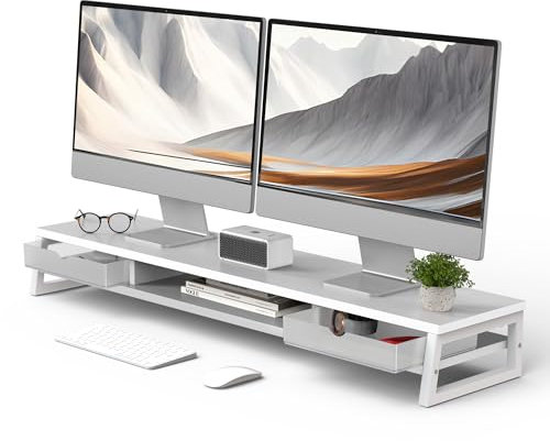 Fenge Dual Monitorständer Riser mit 2 Acryl Schubladen 2 Etagen 108cm Computer Bildschirmständer für PC/Laptop/Fax/Drucker/TV, Tragfähigkeit 45KG (Weiß)