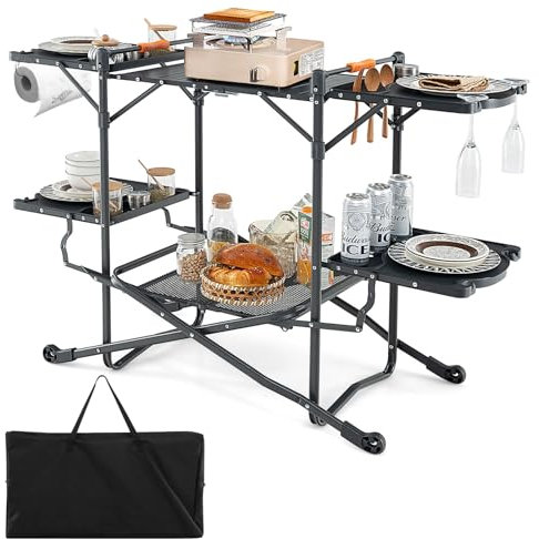 GYMAX Table Camping Barbecue Pliable Portable, Tablette pour Grill, 4 Plateau de Rangement Extensibles, Support pour Serviette, Vaisselle, Sac de Transport, Table d'Extérieur pour Pique-Nique, Voyage