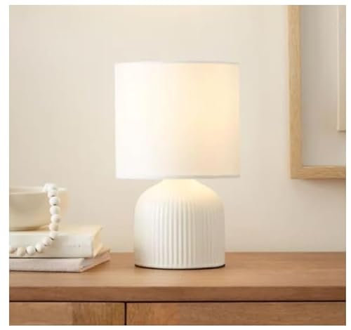HMN® New Small But Elegant Ribbed Ceramic Table Lamp Bedside Table Lamp Ceramic Base and Fabric Shade (Cream Color)