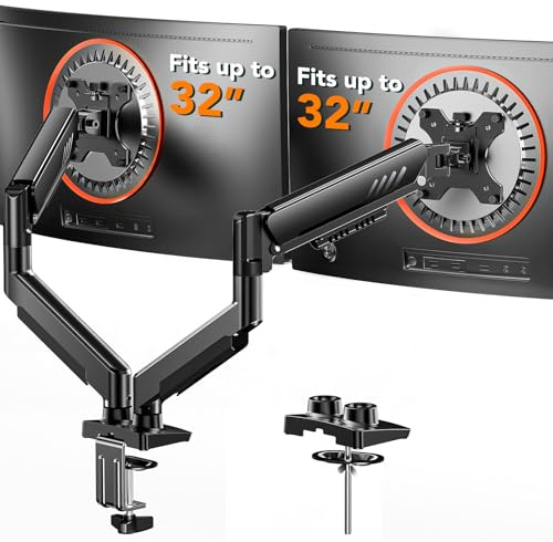 ErGear Dual Monitor Arm for 13-32 Inch Screens, Dual Monitor Stand with Smooth Height Adjustment, Quick-Release VESA Plate, C-Clamp & Grommet Mounting, VESA 75/100mm, Holds 2.2-9kg