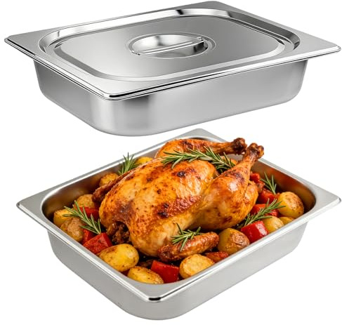 Panierschalen Set 2-teilig, GN 1/2 Behälter mit Deckel Edelstahl | 32,5 x 26,5 x 6,5 cm Gastronorm-Behälter Edelstahl für Koteletts, Schnitzel Fleisch, Restaurant, Catering,Stapelbar