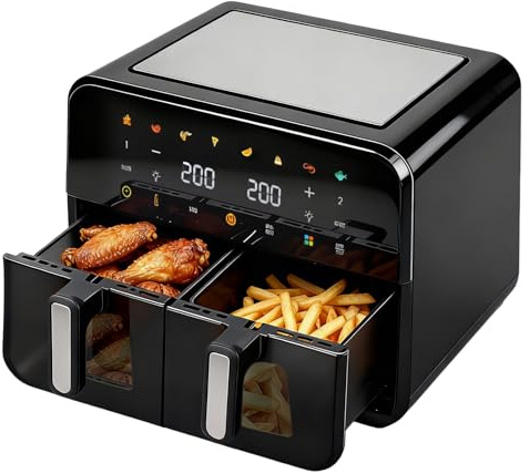 Spector 12L Dual Basket Air Fryer, 2600W Powerful Air Fryer Oven with 2 Independent Drawers, 8 Presets, LED Touchscreen, Sync & Independent Cook, Dishwasher Safe, Large Family & Party Air Fryer