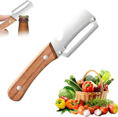 Wooden Handle Vegetable Peeler with Bottle Opener, 2-in-1 Stainless Steel Vegetable Peeler for Potato, Apple, Carrot | Lightweight Kitchen Tool for Fruit & Veggie Prep (1PCS)