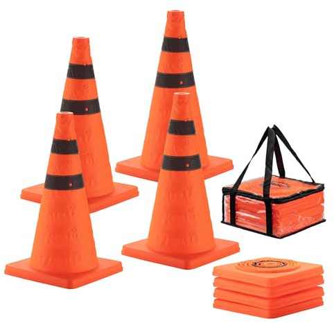 Wiltec 4x klappbarer Verkehrskegel 45 cm, Leitkegel zum Absichern, Pylone mit reflektierenden Streifen, Warnkegel inkl. Tasche