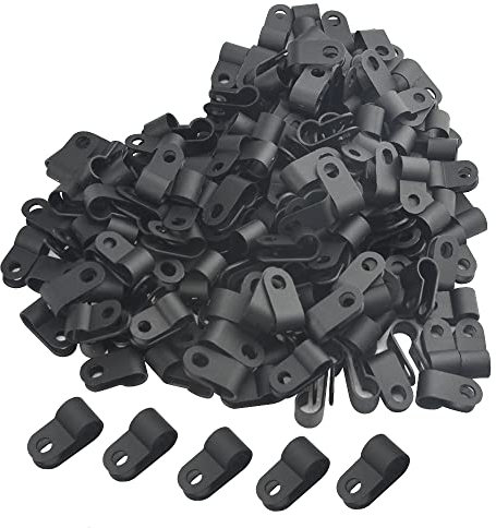 TOVOT 200 PCS R-Type Clip Cable Clamp 5/16 (8 mm) Black Nylon Screw Wire Clips Fasteners Tubing Clips for Wire Management