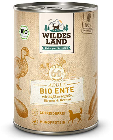 Wildes Land - Nassfutter für Hunde - Bio Ente - 6 x 400 g - Getreidefrei - Extra hoher Fleischanteil von 60% - 100% zertifizierte Bio-Zutaten - Beste Akzeptanz und Verträglichkeit