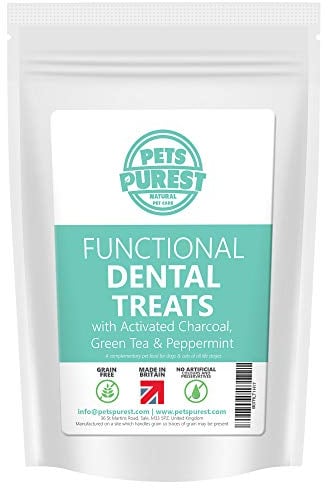 Pets Purest Dog, Cat & Puppy Dental Treats - Natural Plaque Off, Tartar, Teeth Cleaning & Healthy Gum Oral Hygiene Breath Freshener Chews - Hypoallergenic Activated Charcoal & Peppermint Food Bites
