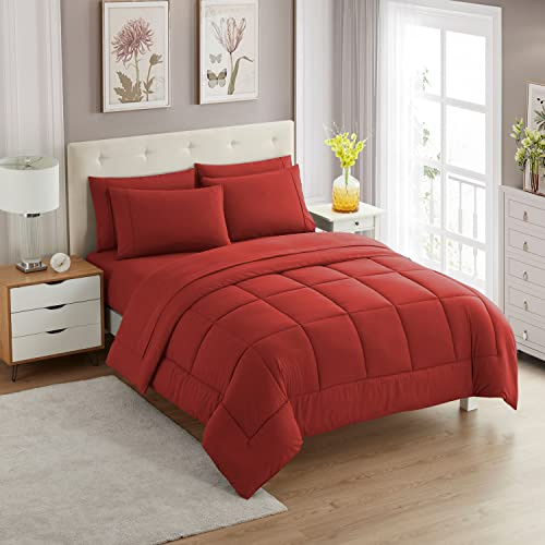 Sweet Home Collection 5 Piece Comforter Set Bag Solid Color All Season Soft Down Alternative Blanket & Luxurious Microfiber Bed Sheets, Twin, Red