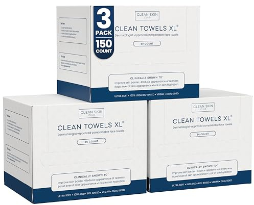 Clean Skin Club Clean Towels XL, Biodegradable Dermatologist Approved Face Towel, Disposable Makeup Remover Dry Wipes, Facial Wash Cloth for Sensitive Skin, 150 Count 3 Pack