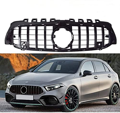 LSYBB ABS Grille Paraurti Anteriore Griglia Racing Adatto per Mercedes Classe A W177 A35 A45 A180 A200 A250 2018-2020 Amg GT Grill con Foro per Fotocamera,Black