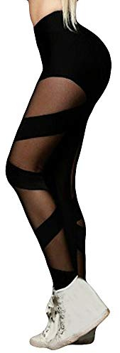 HUYURI Damen Sexy Sport Leggings, Tech Mesh Yoga-Fitness-Hose, Lange Streetwear Sporthose mit Netzeinsätzen Yogahose Laufhose Training Tights