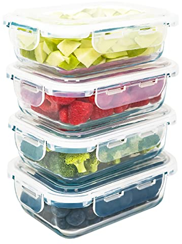LG Luxury & Grace Pack 4 Fiambrera de Cristal 600 ml. Recipientes Herméticos para Alimentos. Envases Contenedores. Recipiente Aptos para Microondas, Horno, Lavavajillas y Congelador. Sin BPA.