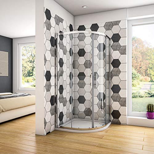 185 cm Box Doccia Semicircolare Porta Scorrevole Vetro Temperato 6 mm Trasparente Anticalcare Completo di Piatto Doccia Bianco da 90x90 cm
