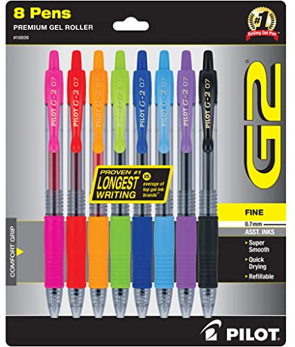 Pilot G2 Premium - Bolígrafos de tinta de gel recargables y retráctiles, punta fina (0.7 mm), 8 colores, 8 unidades (16606)