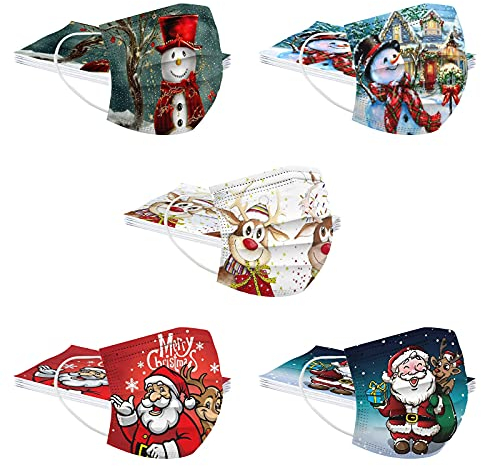 AmyGline 50 Stück Mundschutz Weihnachten Erwachsene Einweg 3-lagig mit Weihnachtsmotiv Bunt Mund und Nasenschutz Atmungsaktiv Weihnachtsmaske Mund-Tücher Halstuch Bandana Schals