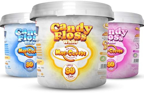 MacCorns Cotton Candy Floss 3 Mega Bucket Stack - Blue, Pink & White Flavours | Traditional Spun Candy Floss for Kids & Adults - Ideal for Cocktails, Desserts & Party Garnish |